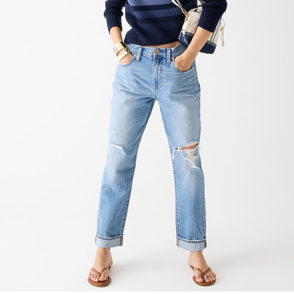 J Crew Slouchy Boyfriend Jeans Medium Blue Distressed Ripped Knees Size 26‎